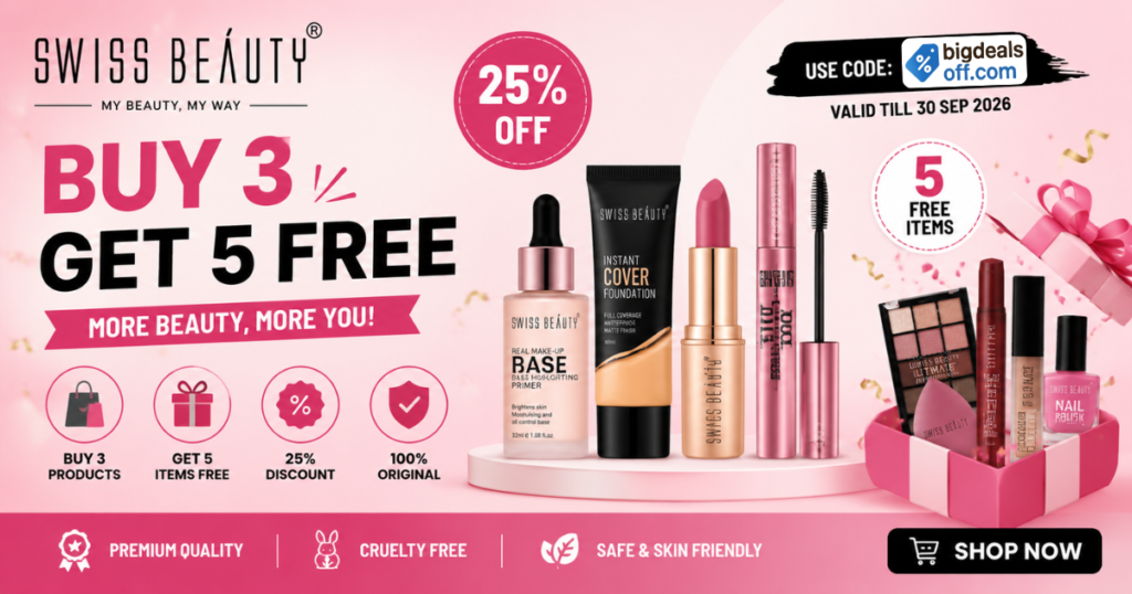 Swiss Beauty buy 3 get 5 free offer on makeup products