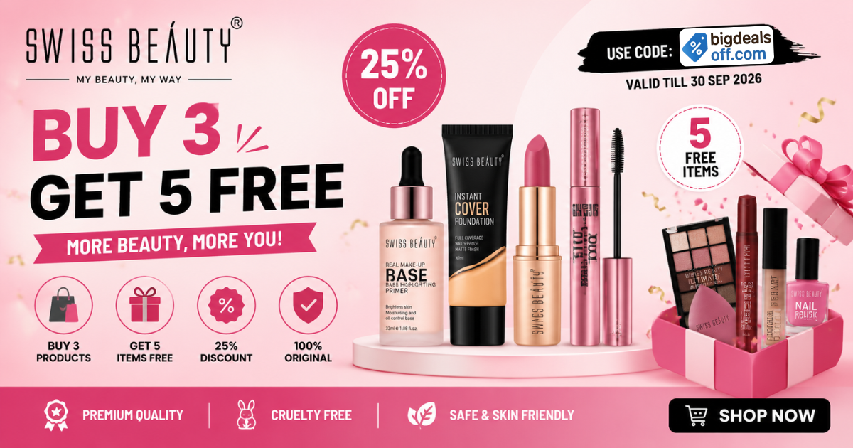 Swiss Beauty buy 3 get 5 free offer on makeup products